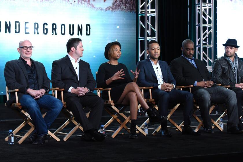Akiva Goldsman, from left, Joe Pokaski, Misha Green, John Legend, Mike Jackson and Anthony Hemingway discuss "Underground" at the TCA winter tour on Friday.