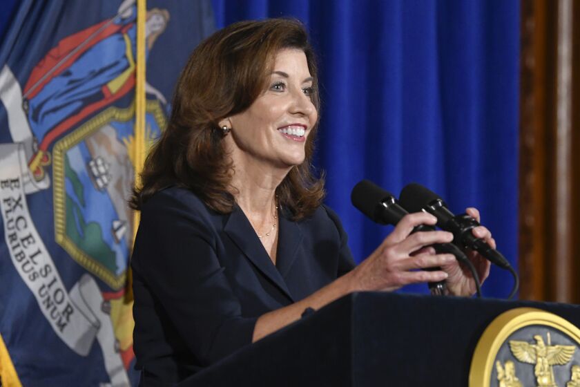 New York Lt. Gov. Kathy Hochul speaks at the state Capitol, Wednesday, Aug. 11, 2021 in Albany, N.Y. Hochul is preparing to take the reins of power after Gov. Andrew Cuomo announced he would resign from office. (AP Photo/Hans Pennink)
