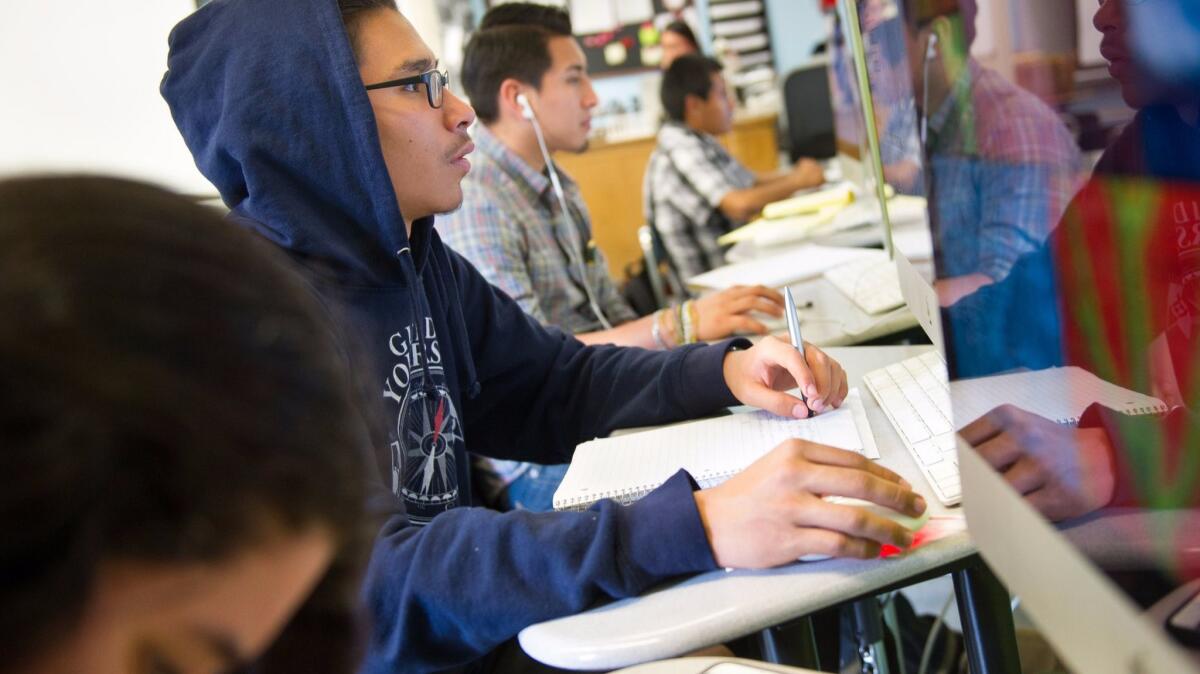 Students at Harris Newmark High School work to earn credits outside their traditional high school programs in 2016. (Michael Owen Baker / For The Times)