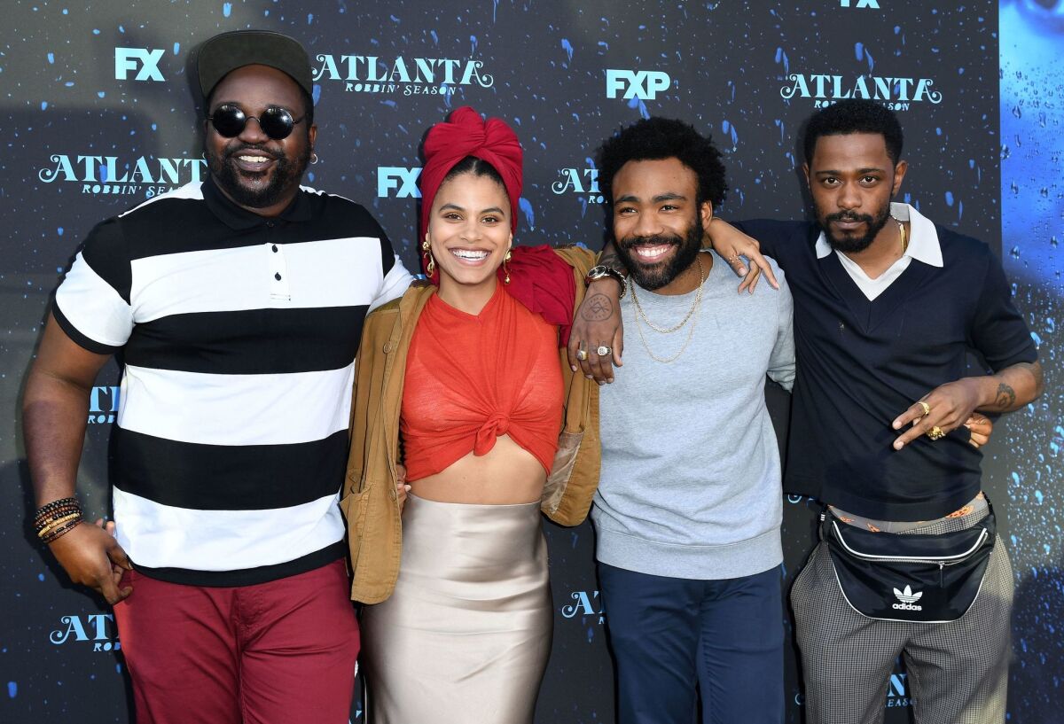 Actors Brian Tyree Henry, Zazie Beetz, Donald Glover and Lakeith Stanfield attend an event for FX's "Atlanta," which earned 16 nominations.