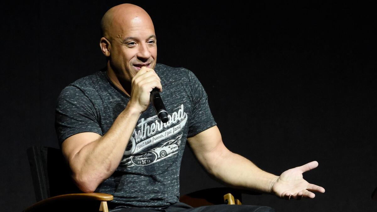 Vin Diesel discusses "The Fate of the Furious" during the Universal Pictures presentation at CinemaCon 2017 at Caesars Palace in Las Vegas on Wednesday.