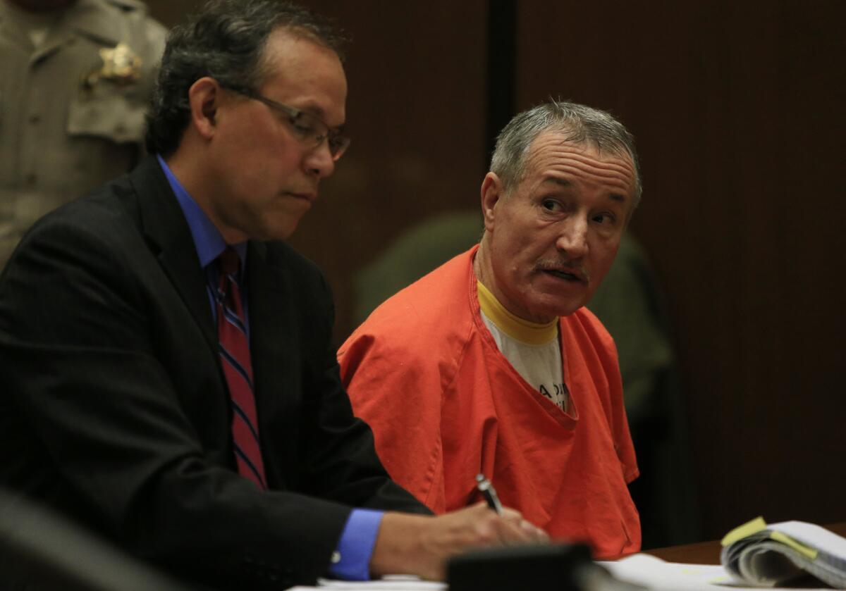 Former Miramonte Elementary School teacher Mark Berndt sits with his attorney, Manny Medrano, in Los Angeles County Superior Court, where he was sentenced to 25 years in prison after pleading no contest to 23 counts of lewd conduct with students at his school.