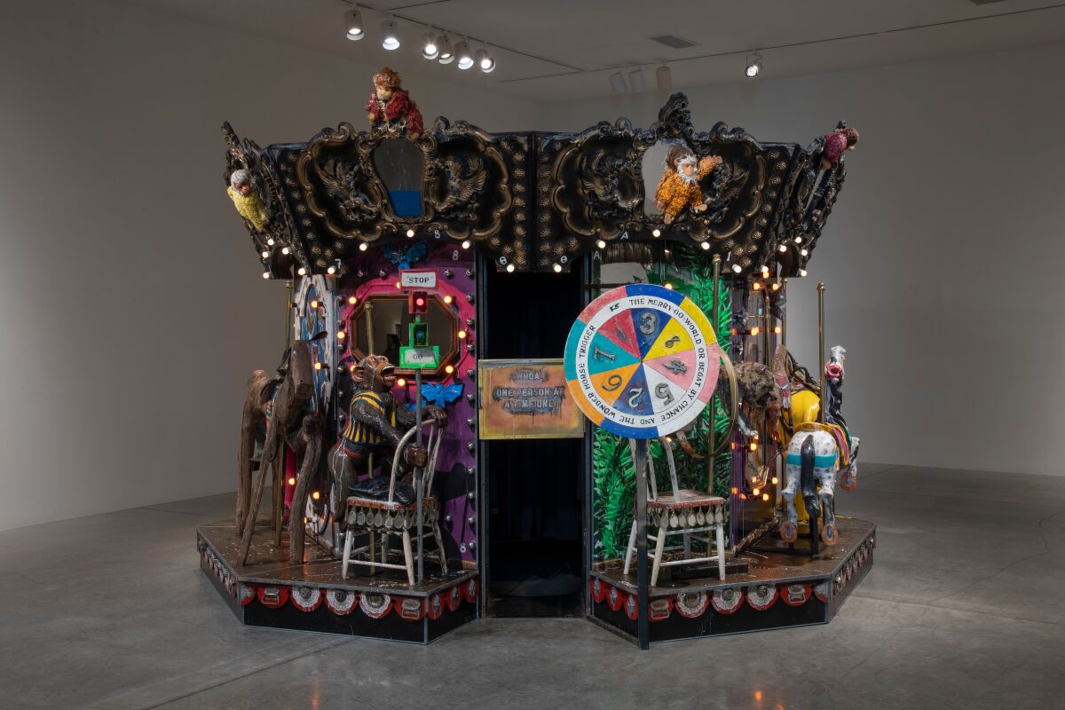 Edward & Nancy Reddin Kienholz, "The Merry-Go-World or Begat by Chance and the Wonder Horse Trigger," 1988-1992. Mixed-media tableau, 115 inches by 184 inches.