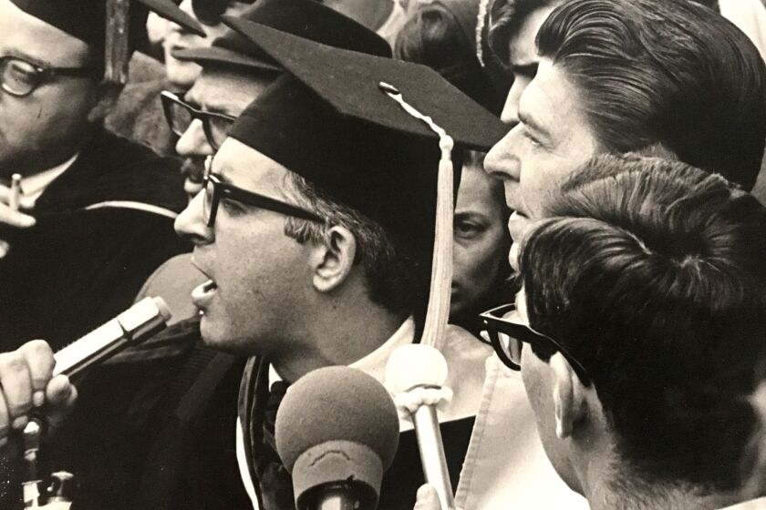 In May 1967, San Fernando Valley State College Prof. Richard Abcarian, 38, spoke on the steps of the Capitol in Sacramento, where he and other college professors rallied against then-Gov. Ronald Reagan's proposed education budget cuts. Reagan surprised the protesters by coming out to the steps to speak. The cuts foreshadowed the end of free college in California, and imposition of tuition and fees that have put a financial strain on Californians college students for decades.