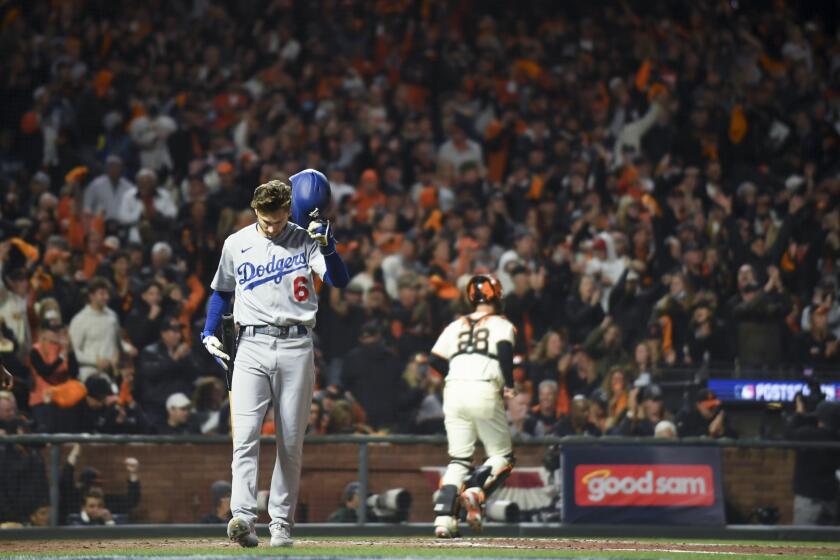 San Francisco, CA - October 09: Los Angeles Dodgers' Trea Turner reacts after striking out against the San Francisco Giants at Oracle Park on Saturday, Oct. 9, 2021 in San Francisco, CA. The Giants won 4-0. (Wally Skalij / Los Angeles Times)