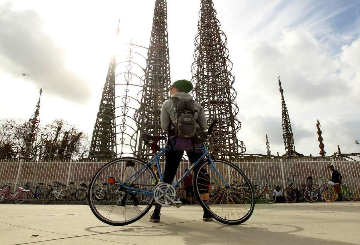 A view of the Watts Towers in South L.A. The renowned sculptures are the subject of a new study being carried out by UCLA engineers to determine their stability.