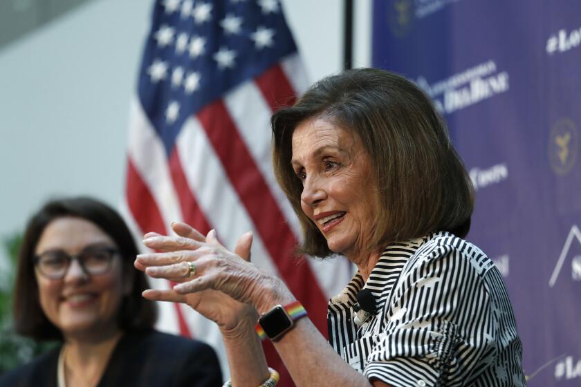 Speaker of the House Nancy Pelosi, D-Calif., right, sits with Rep. Suzan DelBene, D-Wash., as they talk about lowering the cost of prescription drug prices Tuesday, Oct. 8, 2019, at Harborview Medical Center in Seattle. (AP Photo/Elaine Thompson)