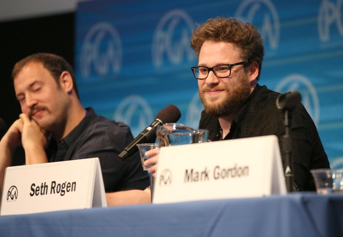 Evan Goldberg and Seth Rogen at the Produced By Conference at Warner Bros. Studios in Burbank.