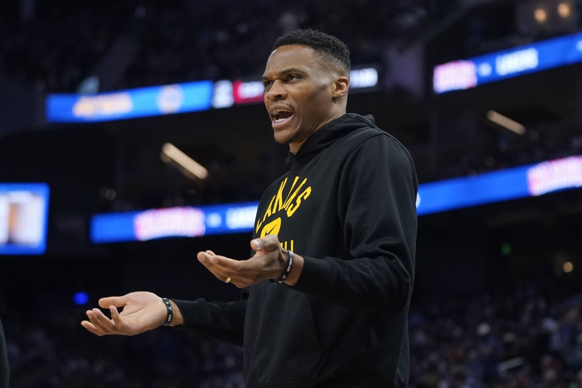 Lakers point guard Russell Westbrook gestures to officials during the first half Friday.