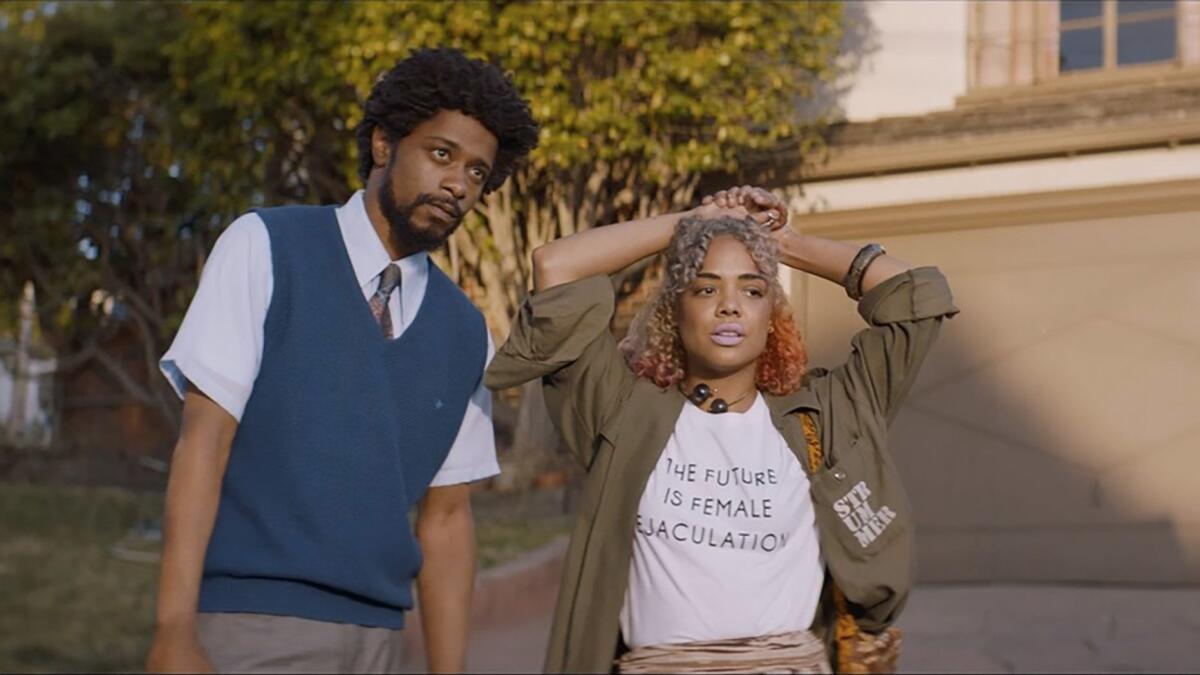 Lakeith Stanfield and Tessa Thompson in "Sorry to Bother You."