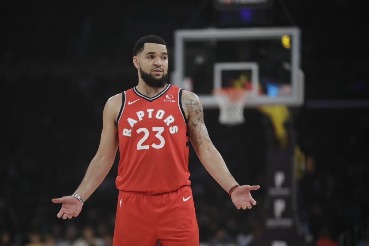 Raptors guard Fred VanVleet (23) looks at the bench during the first half of a game Nov. 10 against the Lakers at Staples Center. 