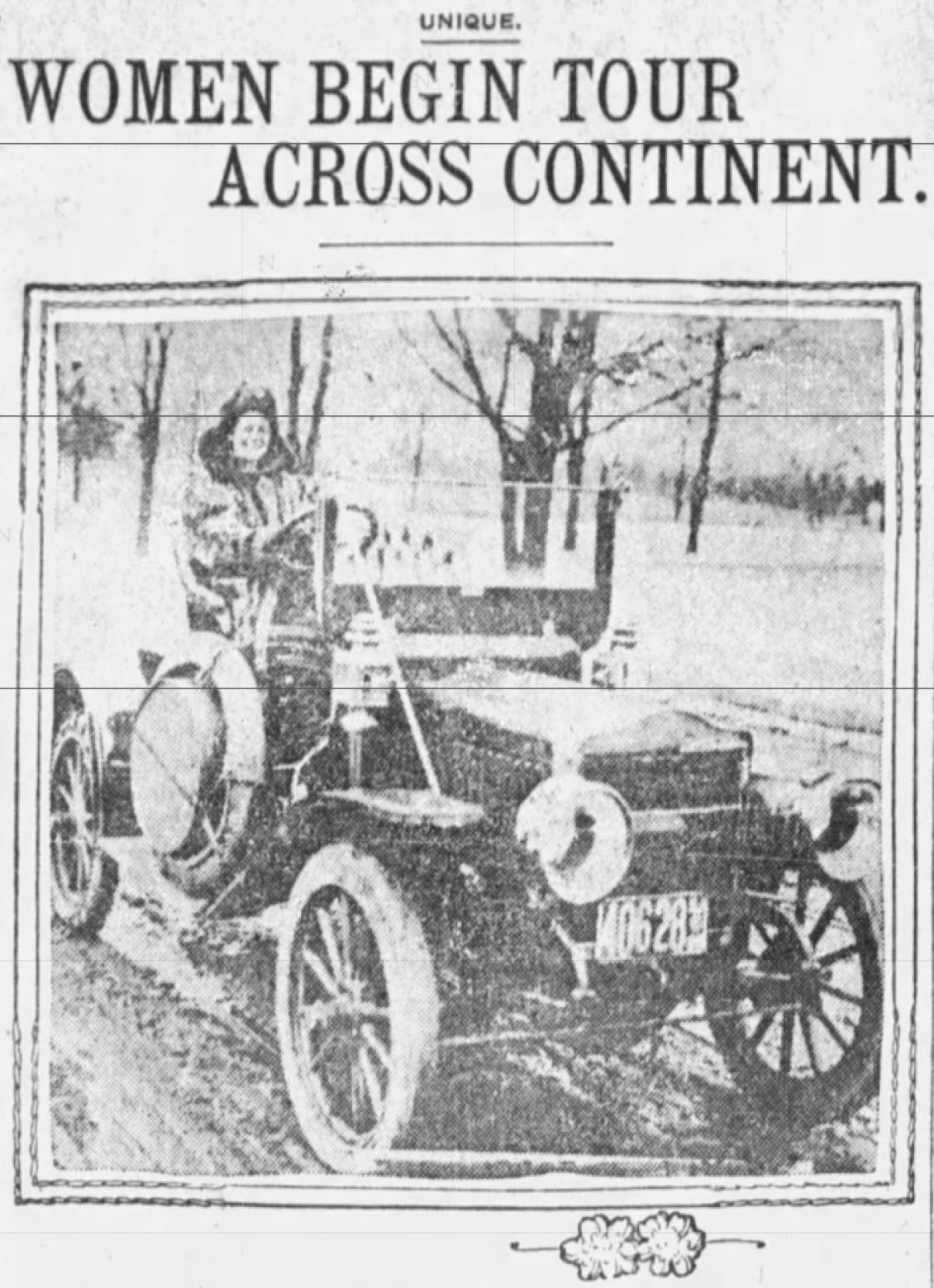 A newspaper clipping shows a woman in an automobile.