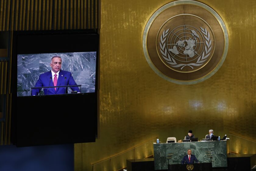 Prime Minister of Iraq Mustafa Al-Kadhimi addresses the 77th session of the United Nations General Assembly at U.N. headquarters, Friday, Sept. 23, 2022. (AP Photo/Jason DeCrow)