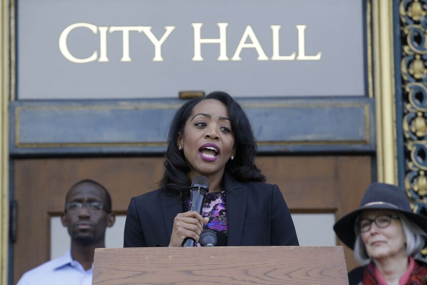 Supervisor Malia Cohen speaks during a news conference announcing that San Francisco backers of a tax on sugary beverages have enough signatures to put the measure on the November ballot ouside of City Hall in San Francisco, Thursday, May 12, 2016. This would be San Francisco's second attempt in two years trying to put a tax on the highly caloric drinks that some public health advocates say contributes to obesity. A 2014 attempt failed to garner the two-thirds approval needed for a dedicated tax. (AP Photo/Jeff Chiu)