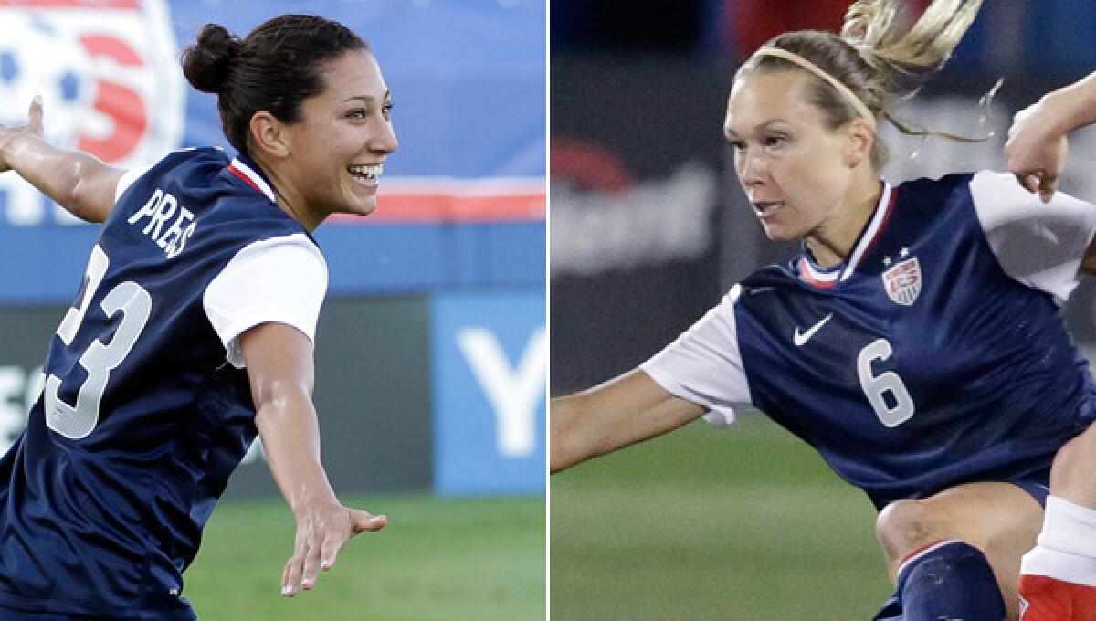 Christen Press, left, and Whitney Engen have traveled remarkably similar journeys in their quest to represent the United States in the World Cup.