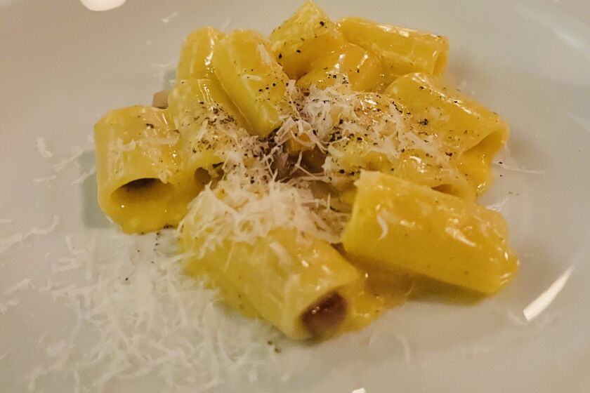 Carbonara tortellini made by Rome chef Sarah Cicolini of Santo Palato, served at Chi Spacca in Los Angeles.