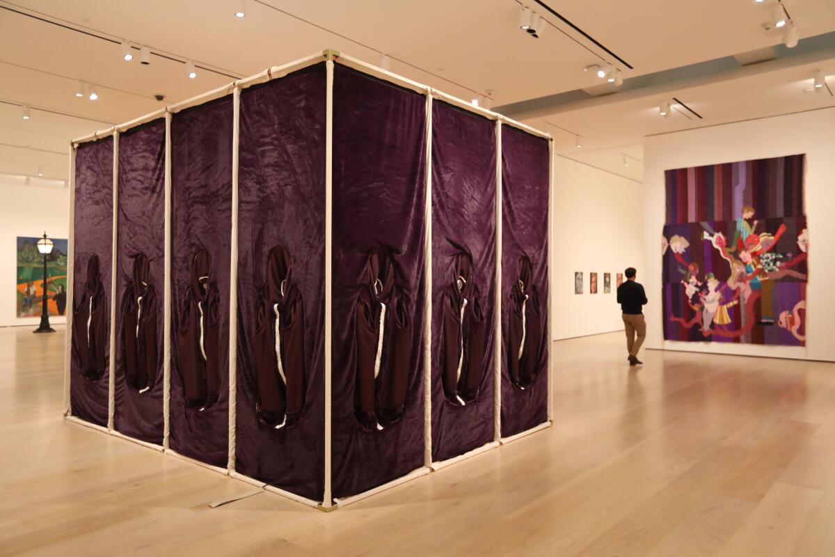 Nicola L, "The Fur Room," 1969/2020, installation, left; Christina Forrer, "Gebunden II," 2020, textile and watercolor
