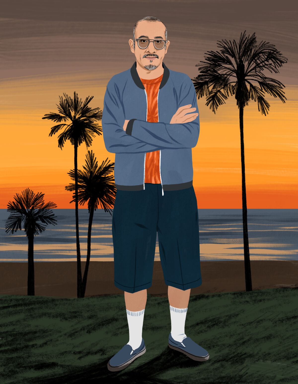 An illustration of a man wearing shorts and crew socks.