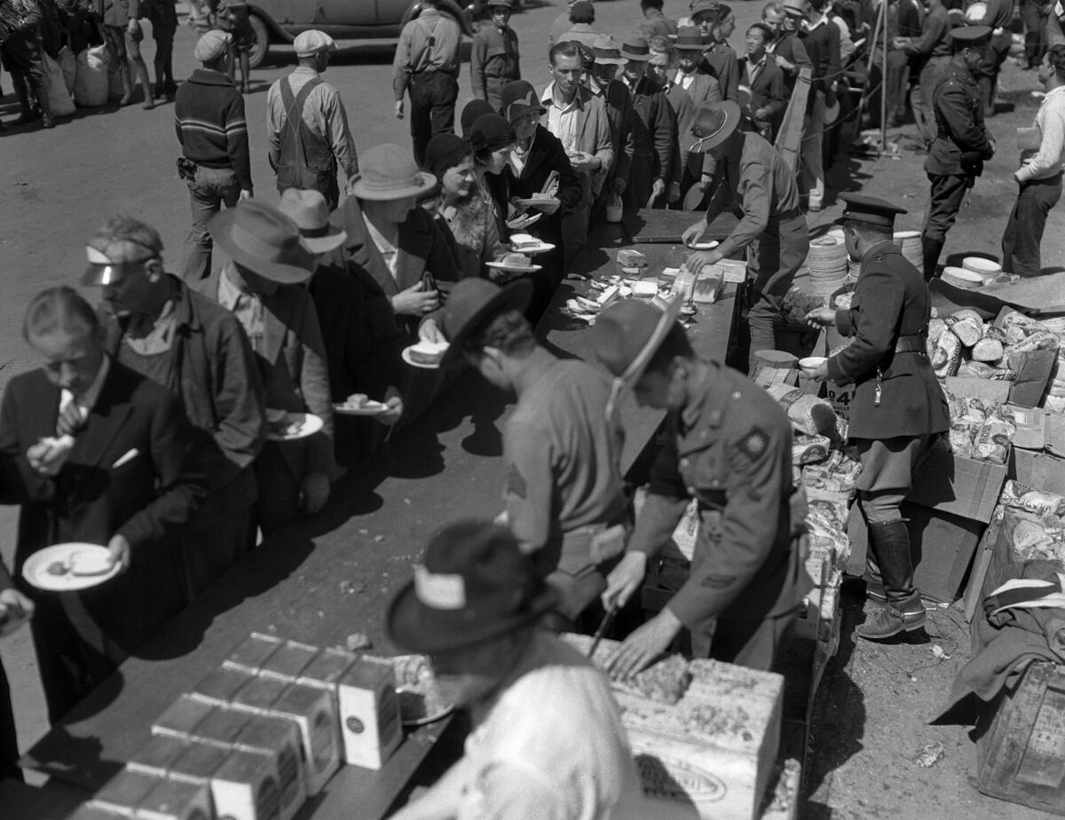 Troops serve food after the March 10, 1933, Long Beach earthquake.