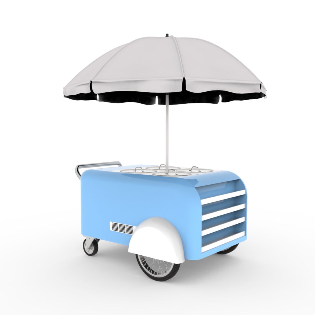 A curving, baby blue cart with four steam containers and an umbrella.