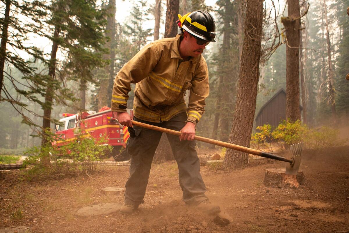 A firefighter uses a hoe on a patch of ground amid trees