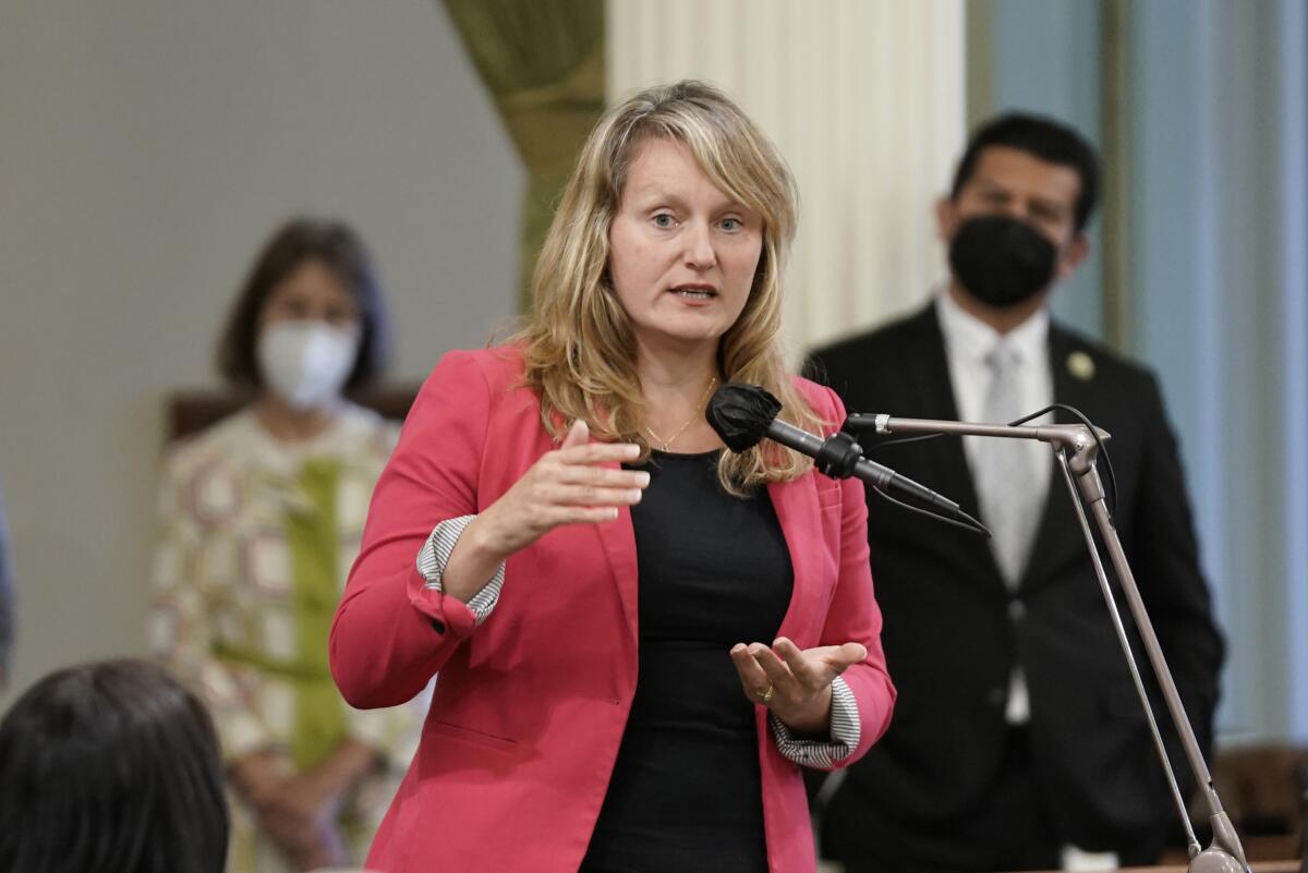 California Assemblymember Buffy Wicks (D-Oakland) speaks before a room of fellow legislators