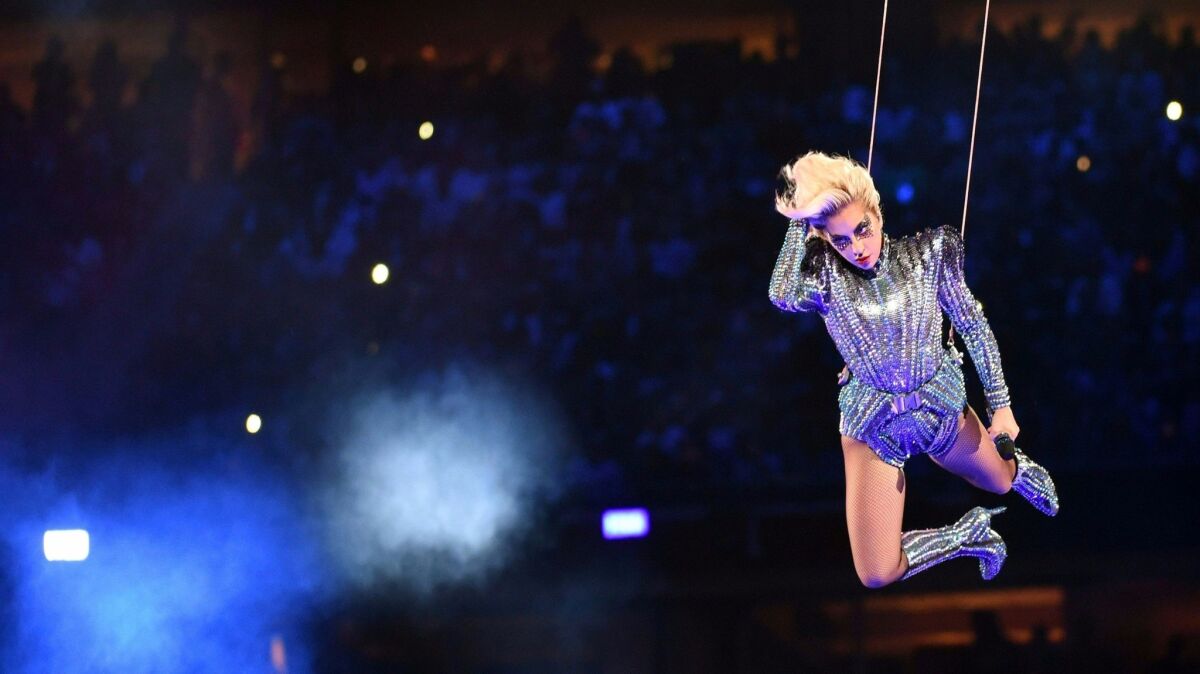 Singer Lady Gaga performs during the halftime show of Super Bowl LI at NGR Stadium in Houston.