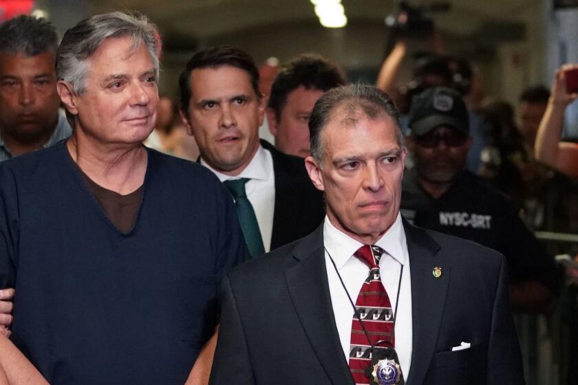 President Trump's one-time campaign manager Paul Manafort (2nd L) arrives at Manhattan Supreme Court June 27, 2019 for his arraignment on mortgage fraud charges. - US President Donald Trump has openly mulled a pardon for Manafort, but should he be freed from federal custody, he could still be charged in state court. (Photo by TIMOTHY A. CLARY / AFP)TIMOTHY A. CLARY/AFP/Getty Images ** OUTS - ELSENT, FPG, CM - OUTS * NM, PH, VA if sourced by CT, LA or MoD **