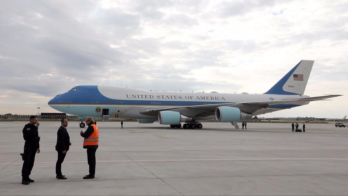 Air Force One sits on the runway during U.S. President Donald Trump's arrival at Orly Airport.on July 13, 2017 in Paris, France.