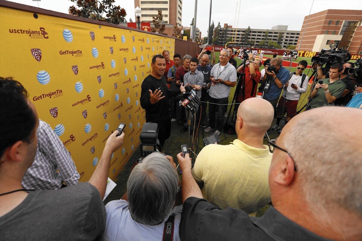 Steve Sarkisian, USC's head football coach, talks to the media Tuesday morning about his behavior and language during a weekend pep rally.
