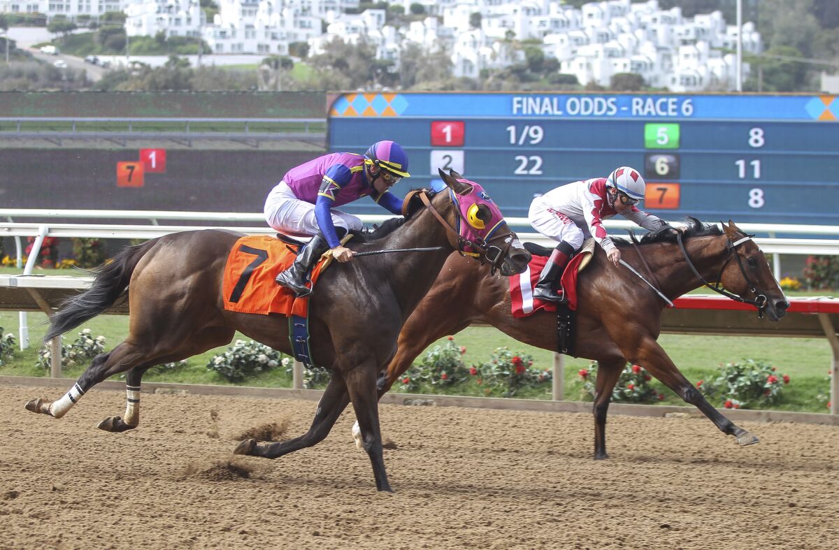 Hollywood Hills, left, with jockey Flavien Prat, edges out Sneaking Out, with jockey Drayden Van Dyke.