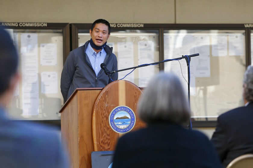 City Manager Oliver Chi speaks during Huntington Beach Chamber of Commerce's annual State of the City presentation.