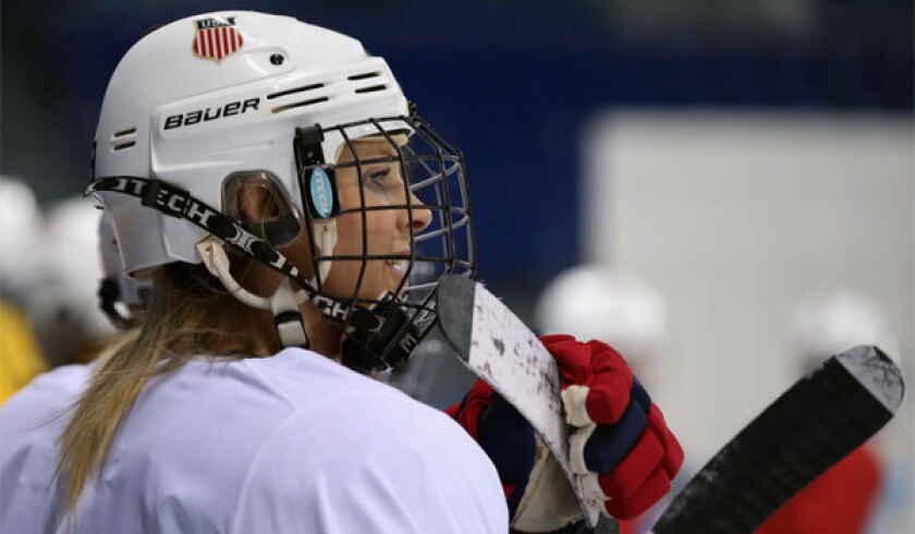 Amanda Kessel of the U.S. women's hockey team looks on during a practice session Monday at Shayba Arena in Sochi, Russia.