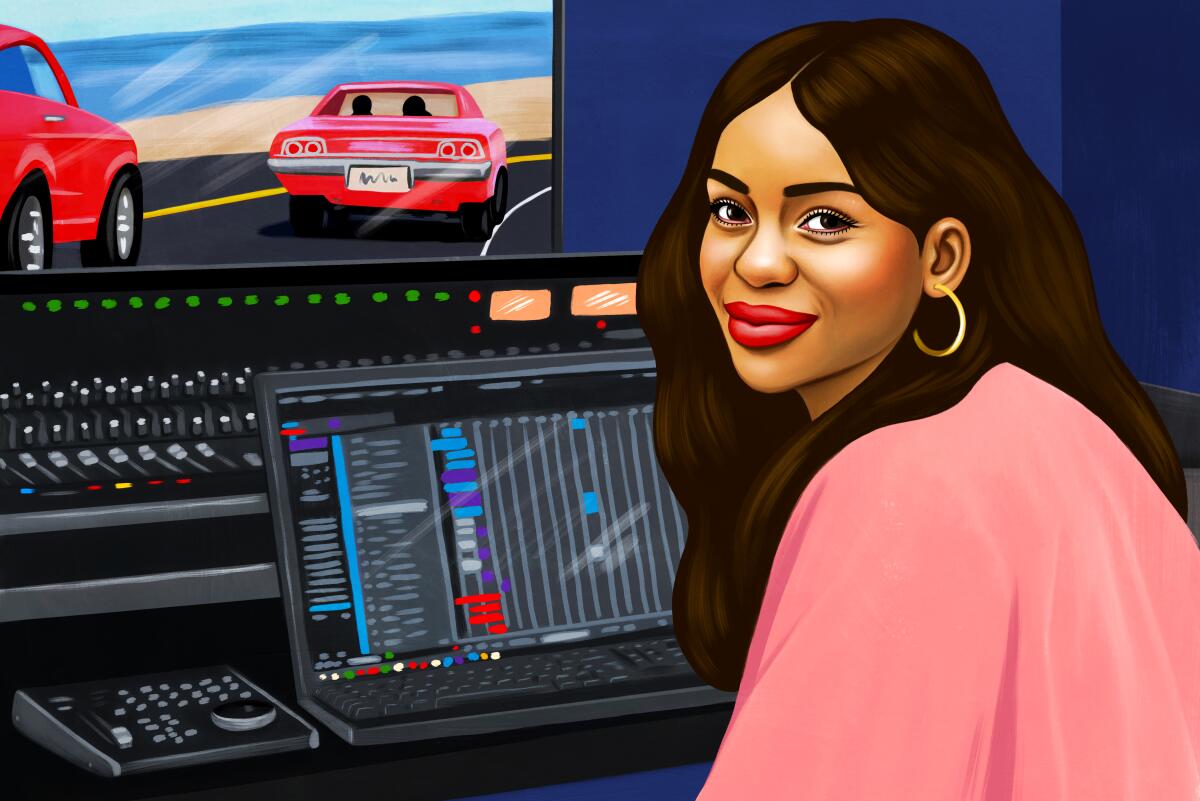 Illustration shows a woman at a sound console with a car chase scene on a screen before her.