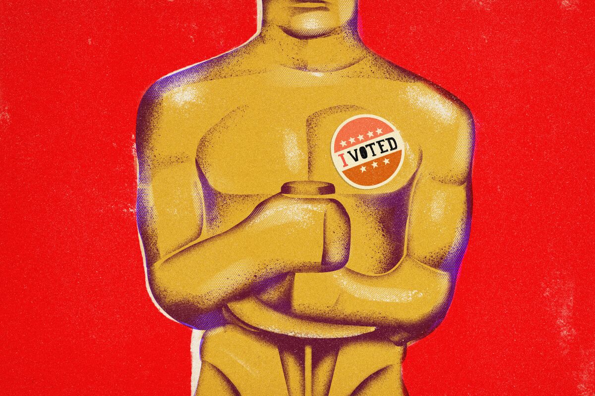 An illustration of an Oscar statue wearing an "I Voted" sticker