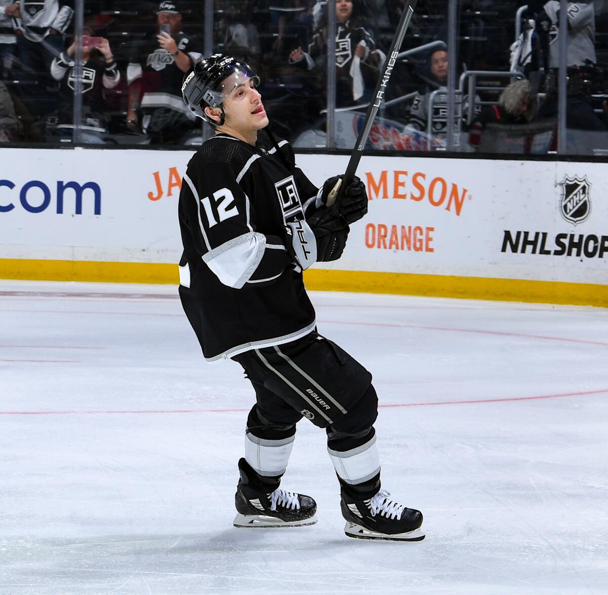 The Kings' Trevor Moore celebrates after L.A.'s 3-2 overtime victory over Edmonton in Game 3 on April 21, 2023.