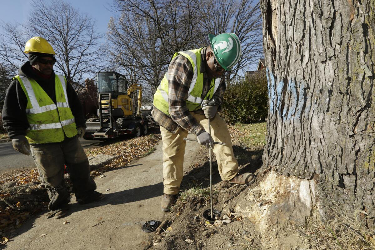 Detroit utility workers shut off the water to an abandoned home in Detroit.