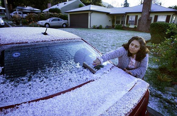 After an overnight storm blanketed foothill communities with hail, Susana Cuevas scrapes hail off her car window before taking her son to school. "It was crazy last night. I thought it was rain, and my son said, 'Look mom, it's hail,' " said Cuevas, who lives on Alicia Avenue in Altadena. "The Bible says each day sends new blessings. It's true, it's beautiful."