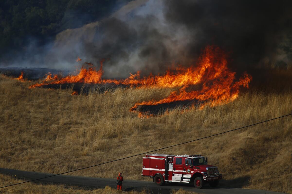 Firefighters monitor a back fire in the hills above Healdsburg, Calif., on Saturday.