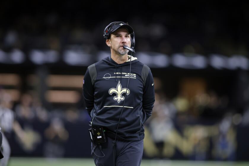 New Orleans Saints defensive coach Dennis Allen is seen during an NFL football game against the Carolina Panthers, Sunday, Jan. 2, 2022, in New Orleans. (AP Photo/Tyler Kaufman)