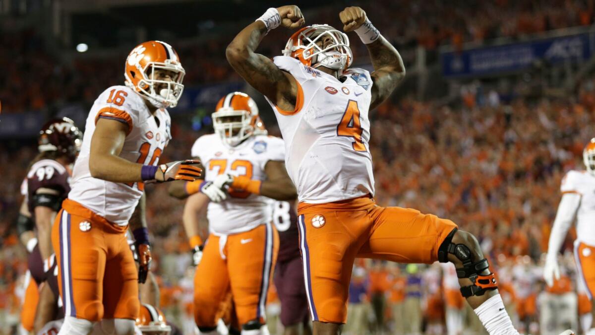 Clemson quarterback Deshaun Watson, shown celebrating a Dec. 3 touchdown against Virginia Tech, leads an explosive offense that ranks seventh in the nation with 332.6 passing yards a game.