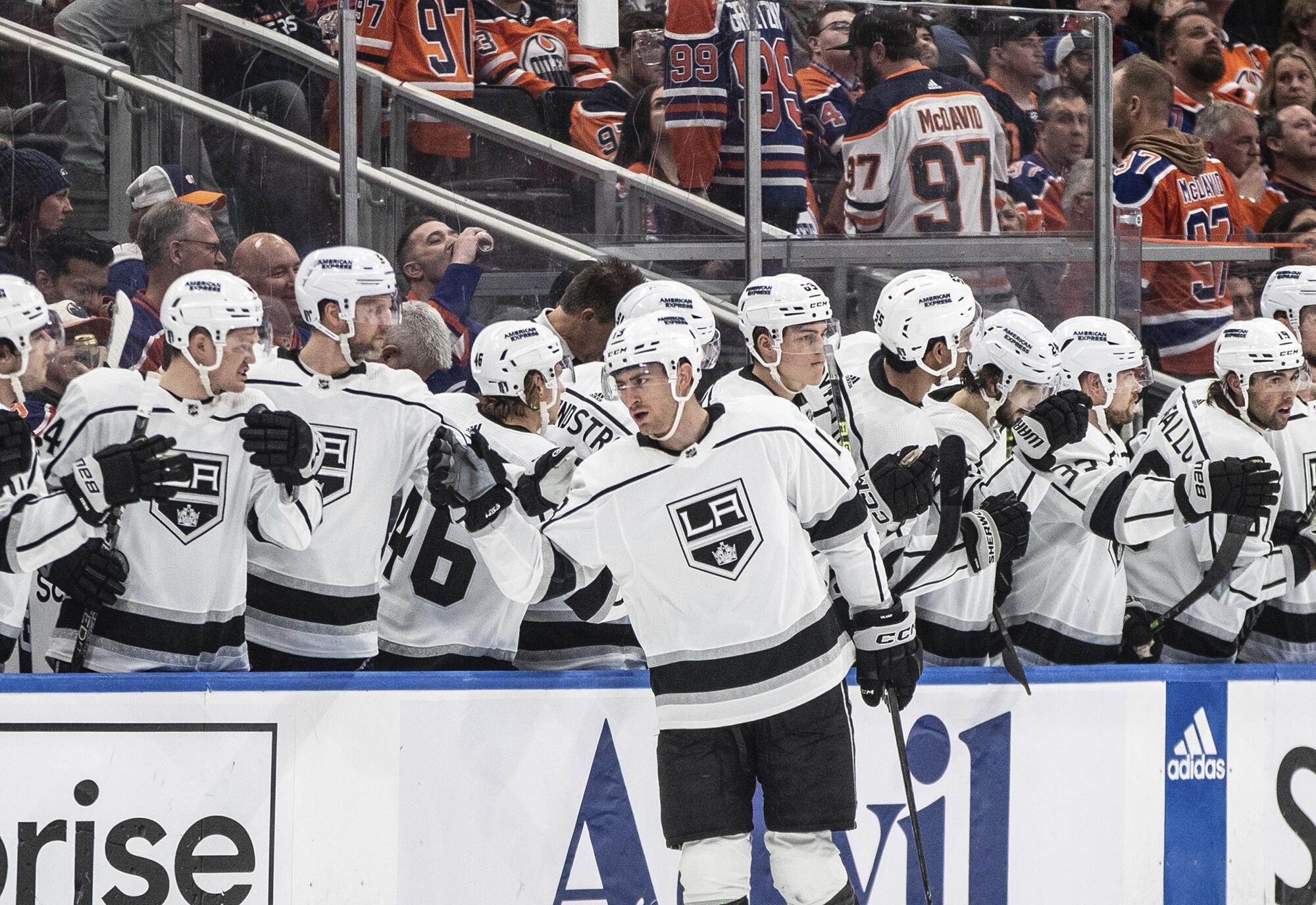 Kings' Gabriel Vilardi is congratulated for a goal against the Edmonton Oilers during the second period.