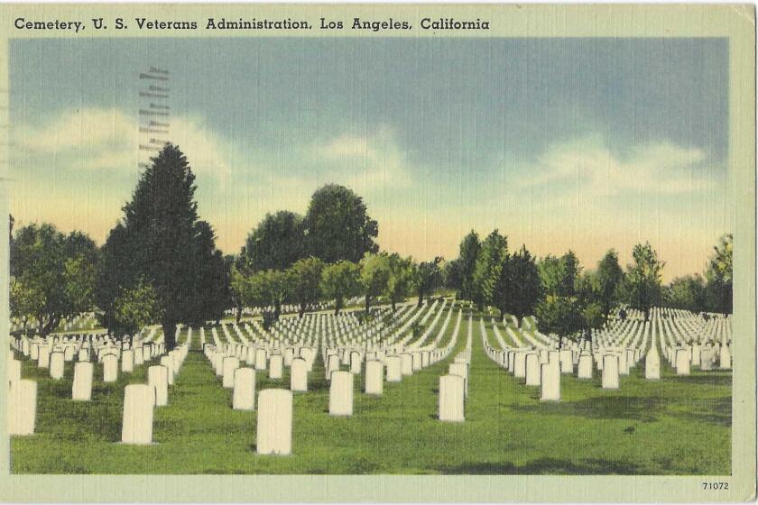 White headstones form long rows in an expansive lawn on a vintage postcard.