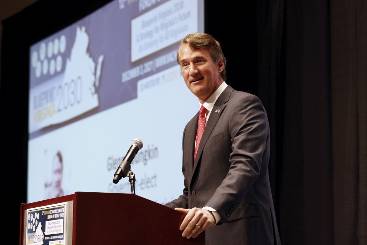 Governor-elect Glenn Youngkin offers remarks about Blueprint Virginia 2030 as part of the Virginia Chamber's 12th annual Virginia Economic Summit & Forum on World Trade at the Greater Richmond Convention Center on Friday, Dec. 3, 2021 in Richmond, Va. (Eva Russo/Richmond Times-Dispatch via AP)