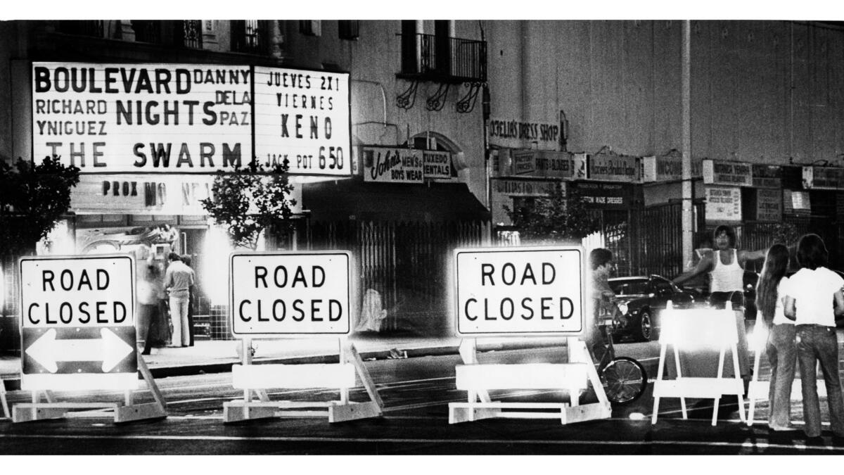 Aug. 31, 1979: Roadblocks put a halt to cruising on Whittier Boulevard at Atlantic Boulevard. The movie "Boulevard Nights" helped make cruising Whittier famous. This photo appeared in the Sep. 2, 1979, Los Angeles Times.