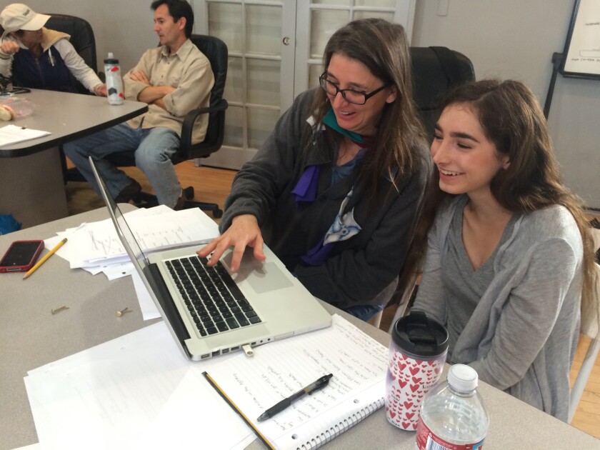 Former Bishops School student Emily Midgley, right, is shown working with dramaturge Aleta Barthell after Midgley won the 2015 California Young Playwrights Contest. Midgley is now a junior at Hamilton College in upstate New York, where she is majoring in theater and creative writing. The deadline for the 2020 Young Playwrights Contest is June 1.