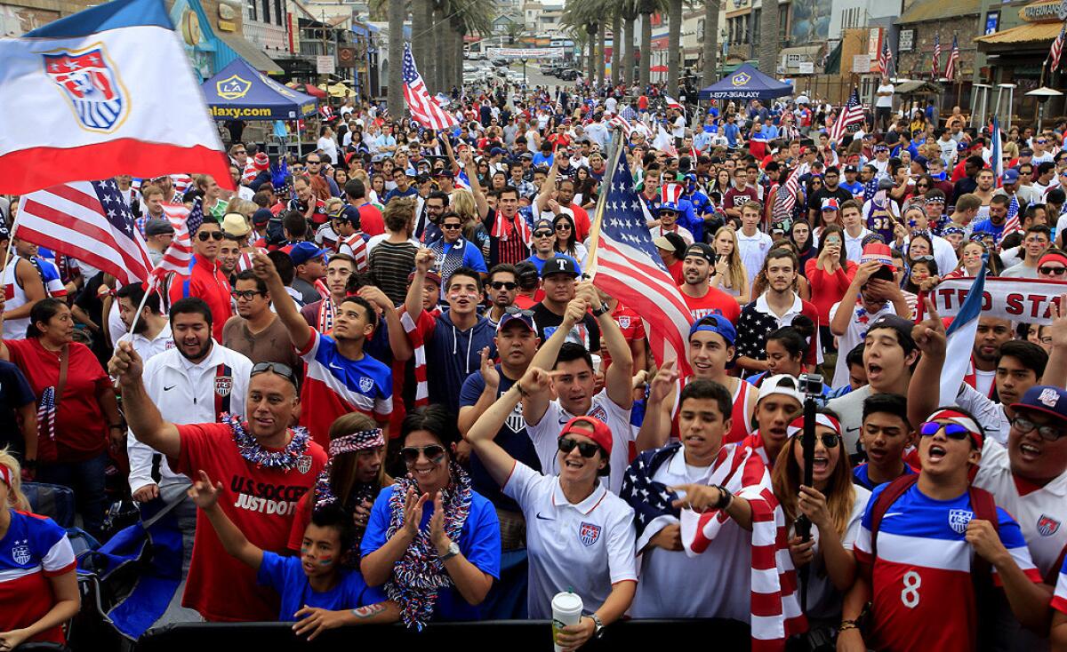 Soccer fans pack the Hermosa Beach Pier on Thursday morning as the U.S. takes on Germany at the World Cup in Brazil.