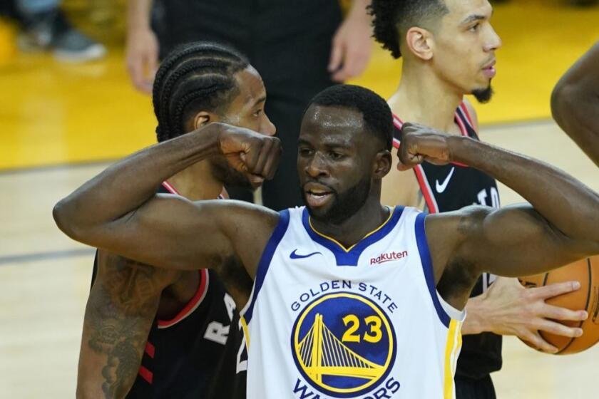 OAKLAND, CALIFORNIA - JUNE 05: Draymond Green #23 of the Golden State Warriors reacts against the Toronto Raptors in the first half during Game Three of the 2019 NBA Finals at ORACLE Arena on June 05, 2019 in Oakland, California. NOTE TO USER: User expressly acknowledges and agrees that, by downloading and or using this photograph, User is consenting to the terms and conditions of the Getty Images License Agreement. (Photo by Thearon W. Henderson/Getty Images) ** OUTS - ELSENT, FPG, CM - OUTS * NM, PH, VA if sourced by CT, LA or MoD **