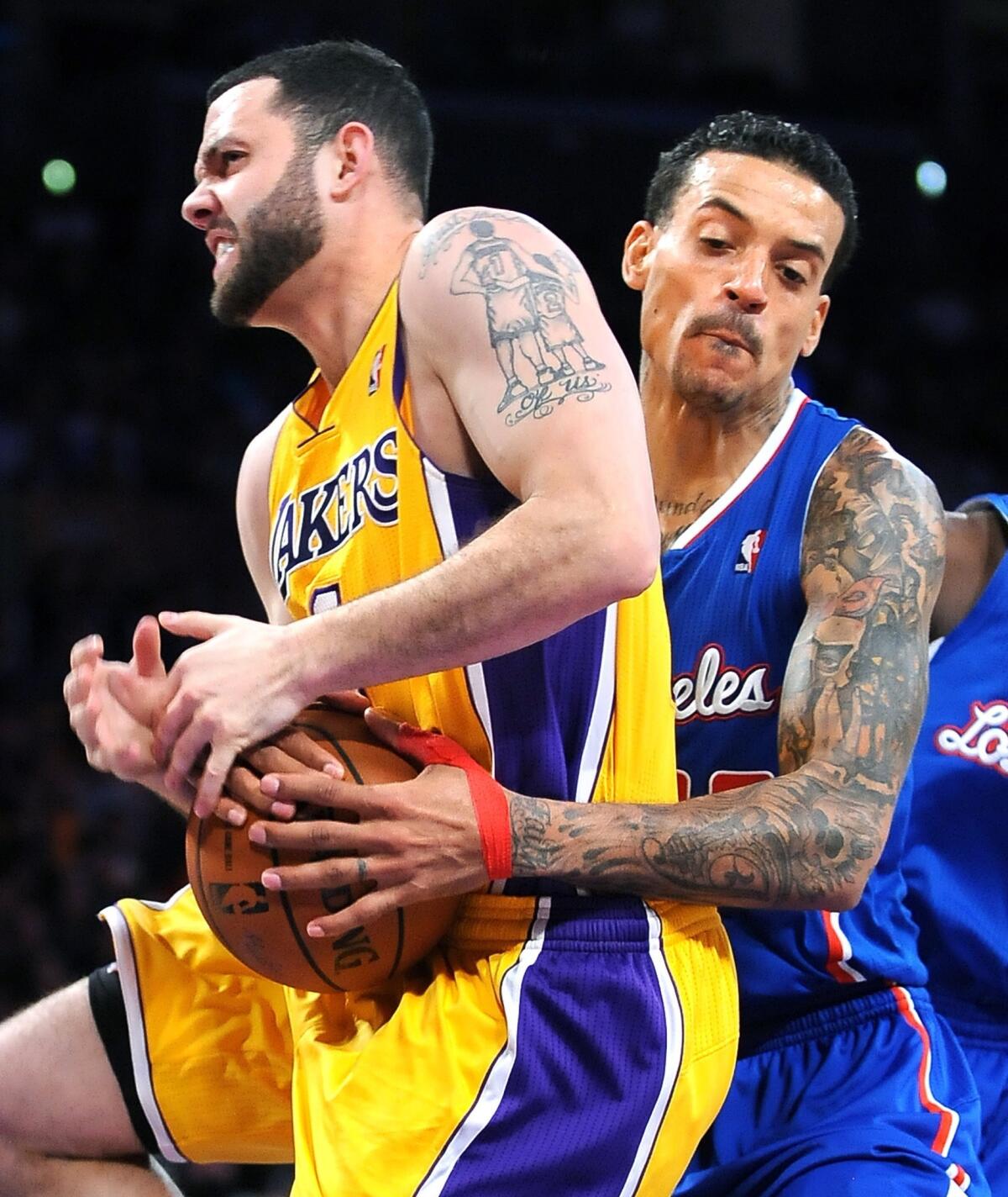 Lakers point guard Jordan Farmar, being fouled by Clippers forward Matt Barnes, is averaging 10.4 points and 4.7 assists.