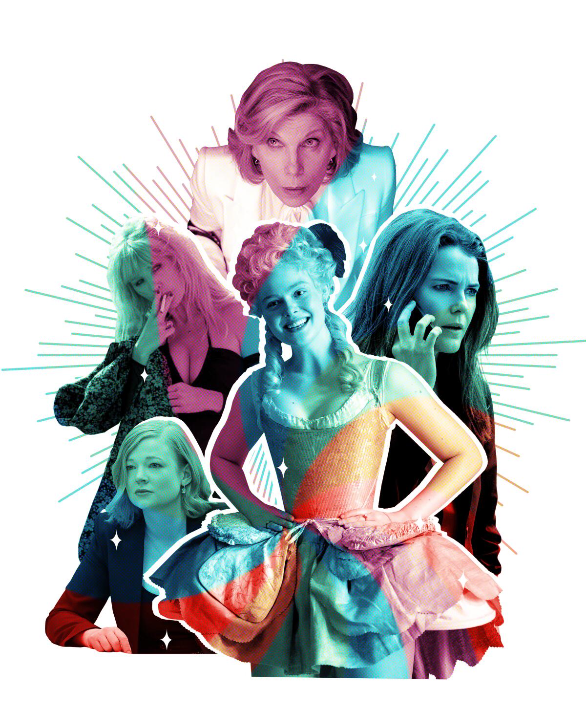 A collage of TV actors in character, including Christine Baranski, Keri Russell, Elle Fanning, Sarah Snook and Kelly Reilly